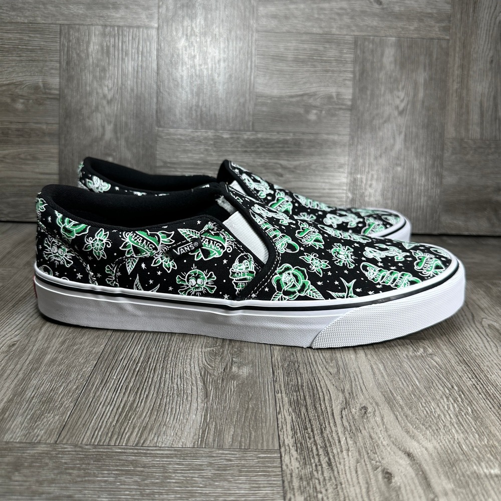 Vans Slip-On Mens 11 Tattoo Flash Black Green Canvas Skater NEW